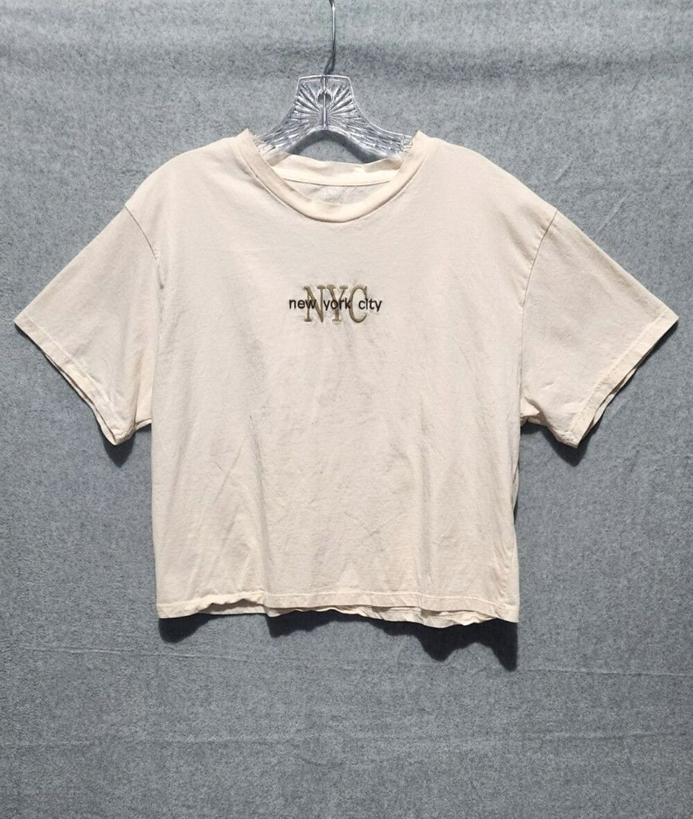 Queen Bee Trendy NYC Embroidered Crop Top- Cream Short Sleeve Boxy Tee - Size XL